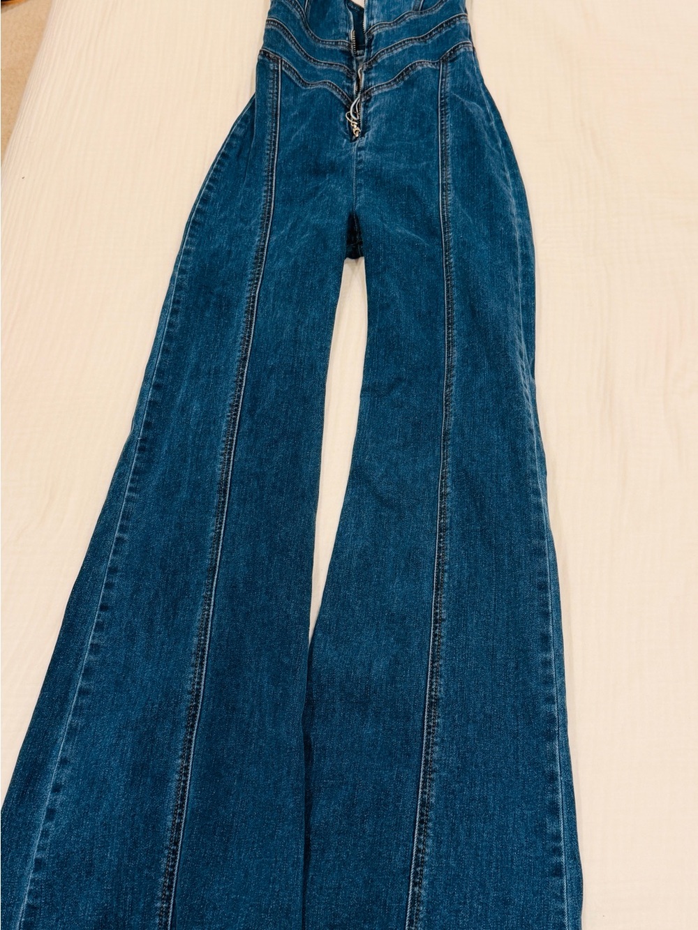 REVICE Dark Blue High-Waist Flared Denim Jumpsuit With Back Heart Cut-Out